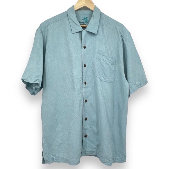 Tommy Bahama Dusty 100% Silk Blue Button Down Men's L Hawaiian Print Shirt - Picture 1 of 11